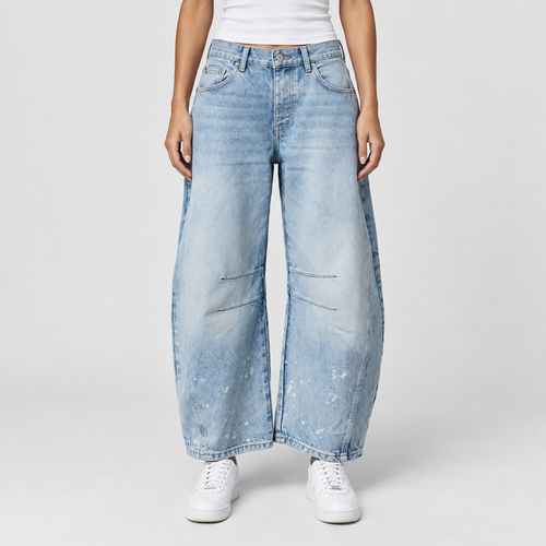 Relaxed Mid Rise Cropped Barrel Leg Jeans, worn on a model.