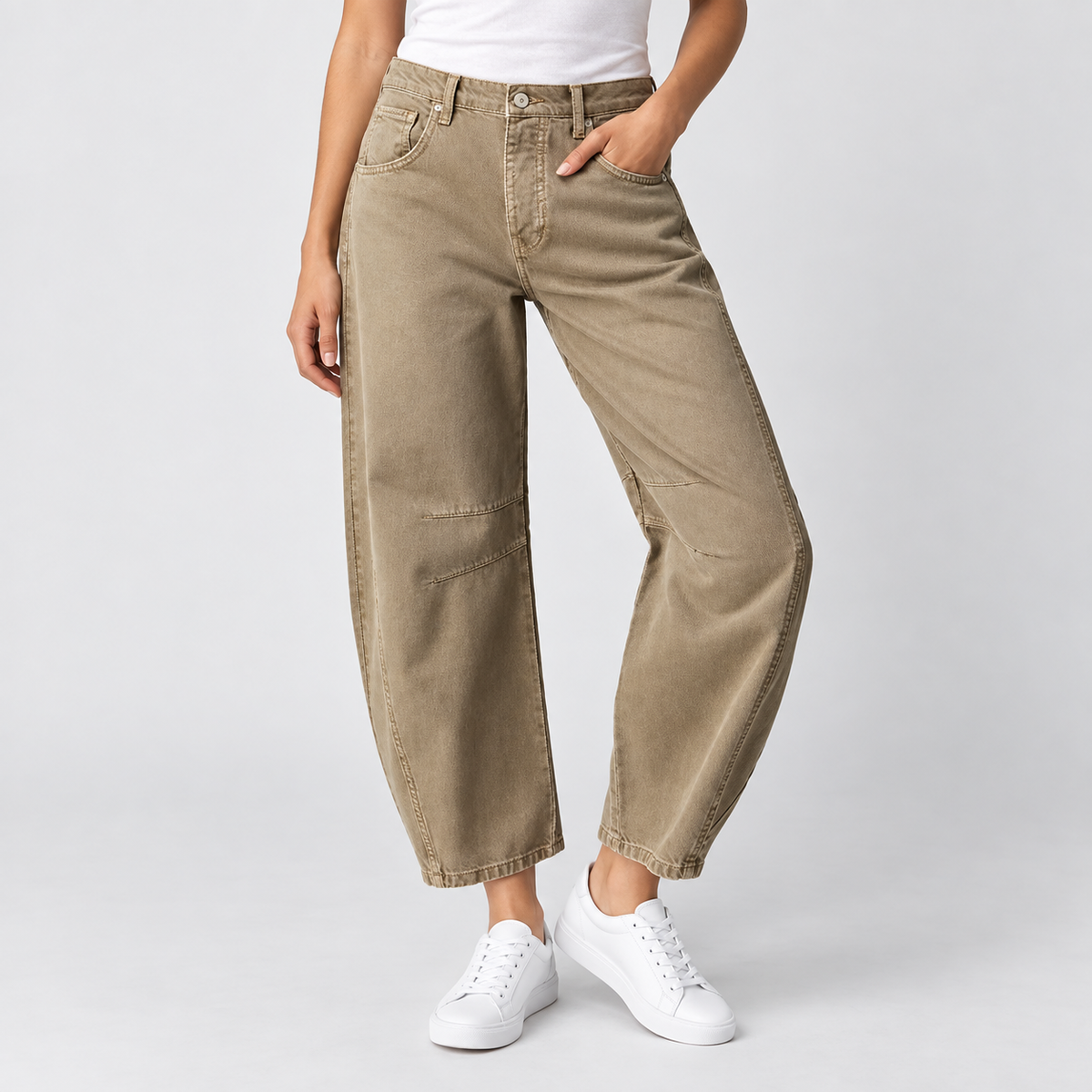 Relaxed Mid Rise Cropped Barrel Leg Jeans in Khaki, worn on a model.