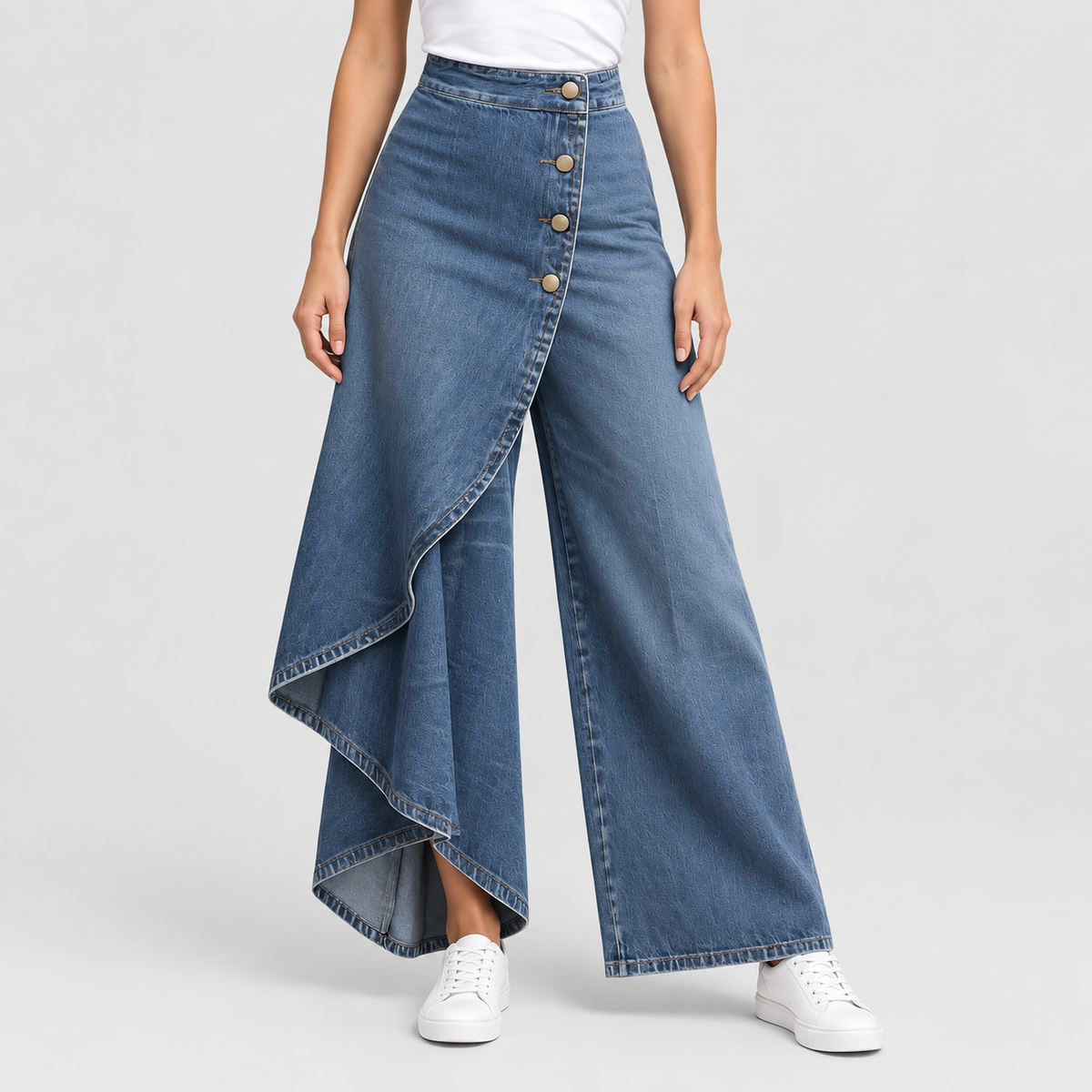 High Waisted Asymmetric Wrap Wide Leg Jeans in Blue, worn on a model.