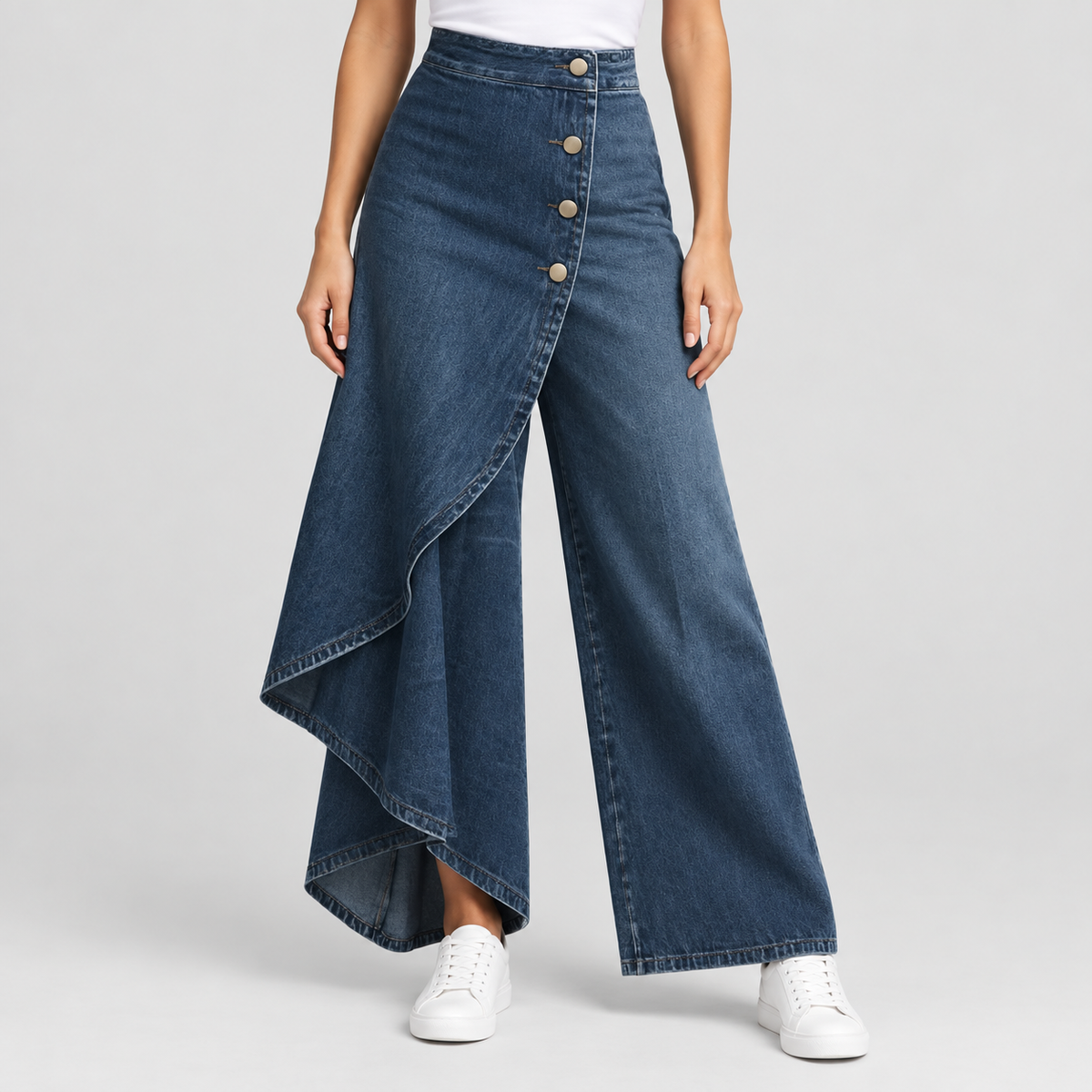 High Waisted Asymmetric Wrap Wide Leg Jeans in Navy Blue, worn on a model.