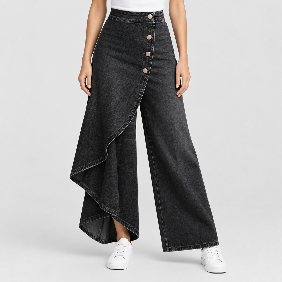 High Waisted Asymmetric Wrap Wide Leg Jeans in Black, worn on a model.