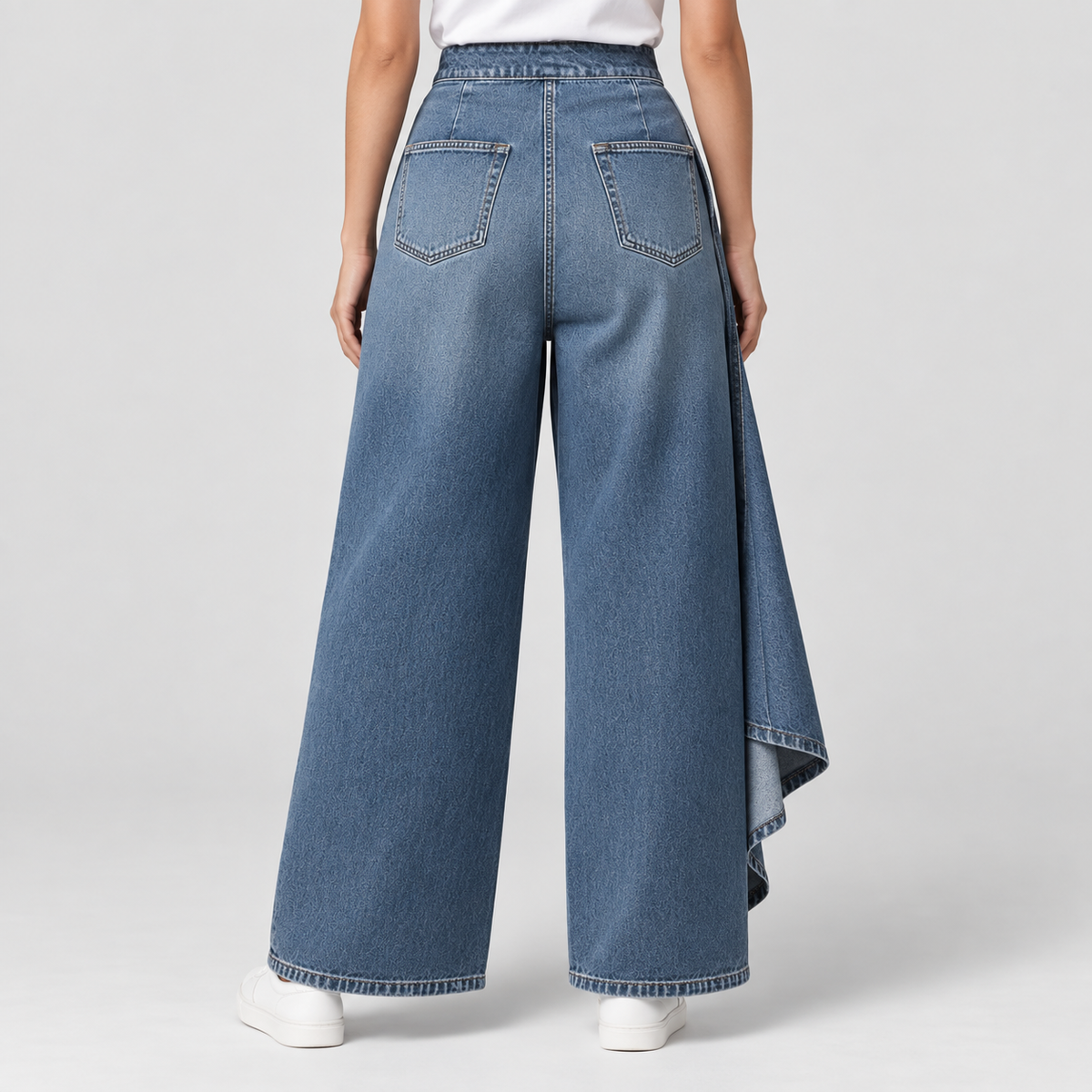 High Waisted Asymmetric Wrap Wide Leg Jeans, worn on a model.
