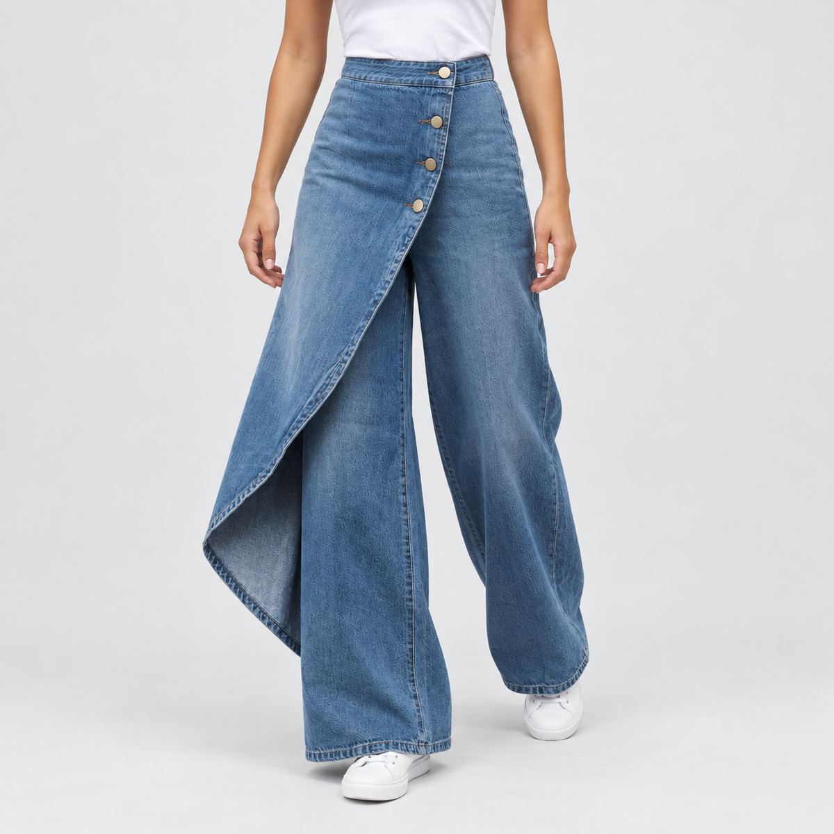 High Waisted Asymmetric Wrap Wide Leg Jeans, worn on a model.