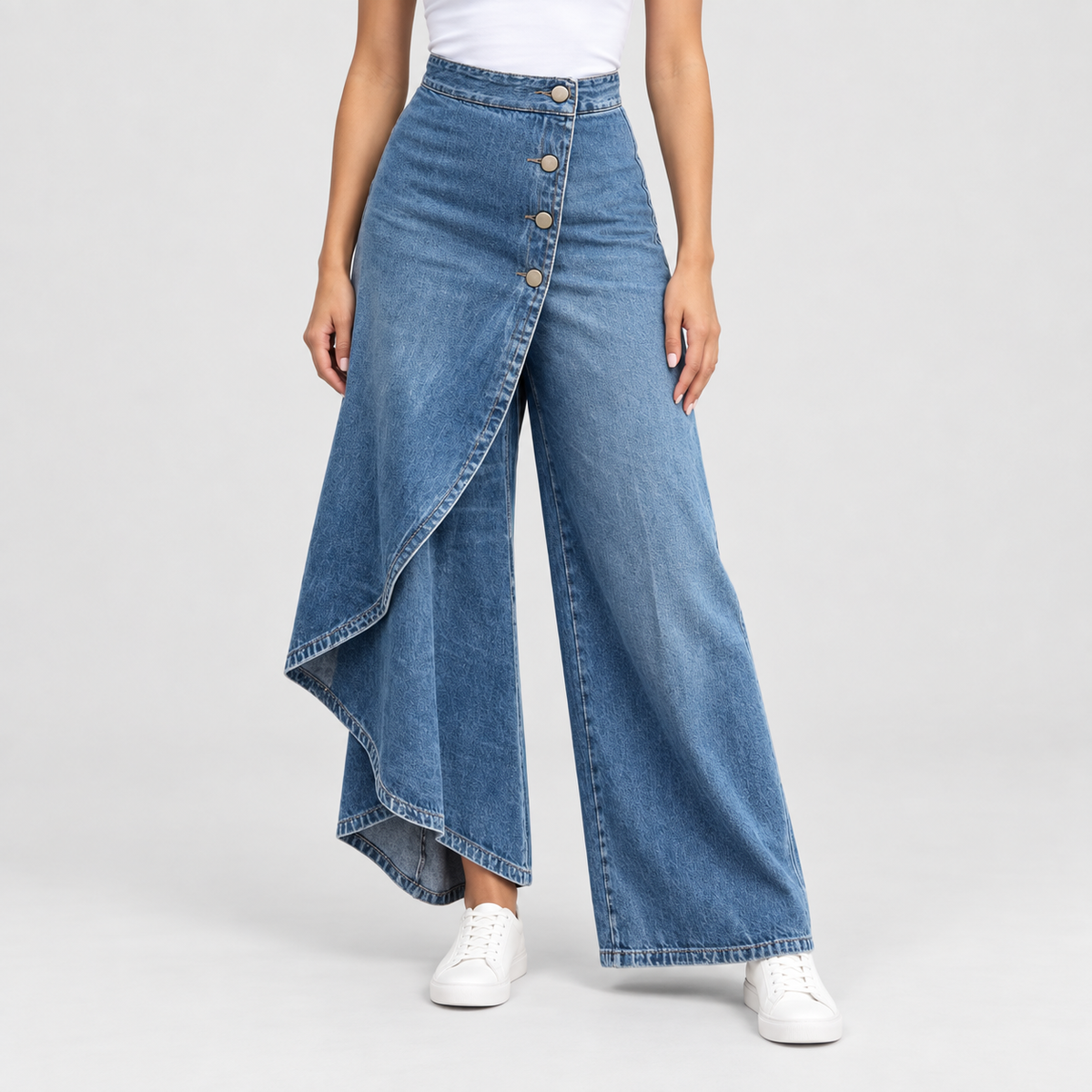 High Waisted Asymmetric Wrap Wide Leg Jeans, worn on a model.
