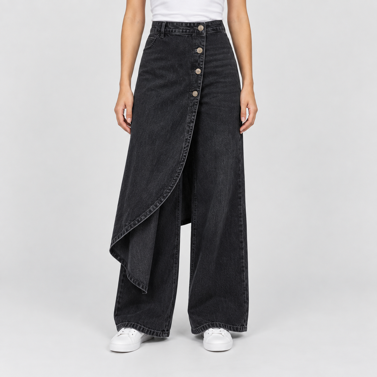 High Waisted Asymmetric Wrap Wide Leg Jeans, worn on a model.