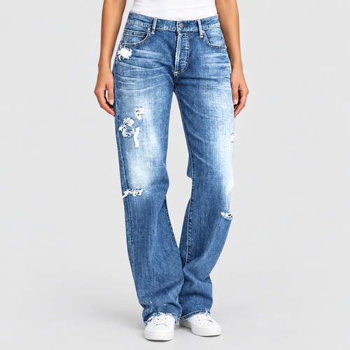 Relaxed Low Rise Distressed Wide Leg Jeans in Blue, worn on a model.