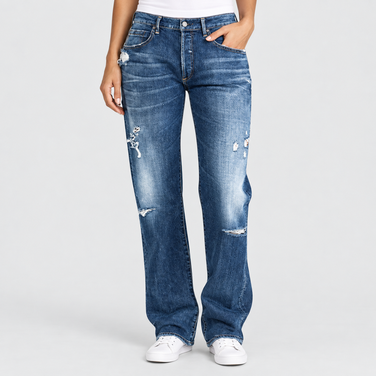 Relaxed Low Rise Distressed Wide Leg Jeans in Dark Blue, worn on a model.