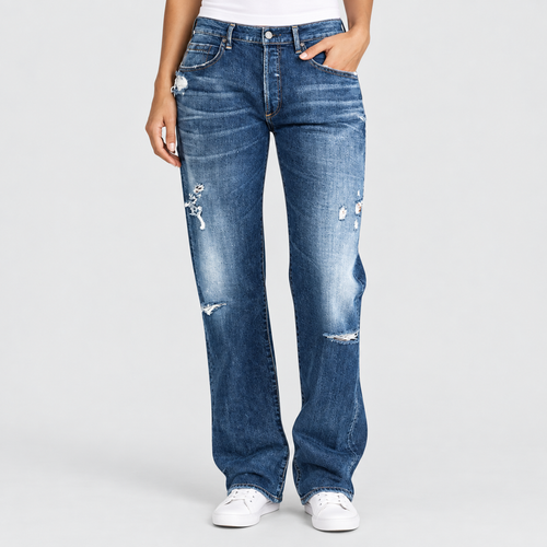 Relaxed Low Rise Distressed Wide Leg Jeans in Dark Blue, worn on a model.