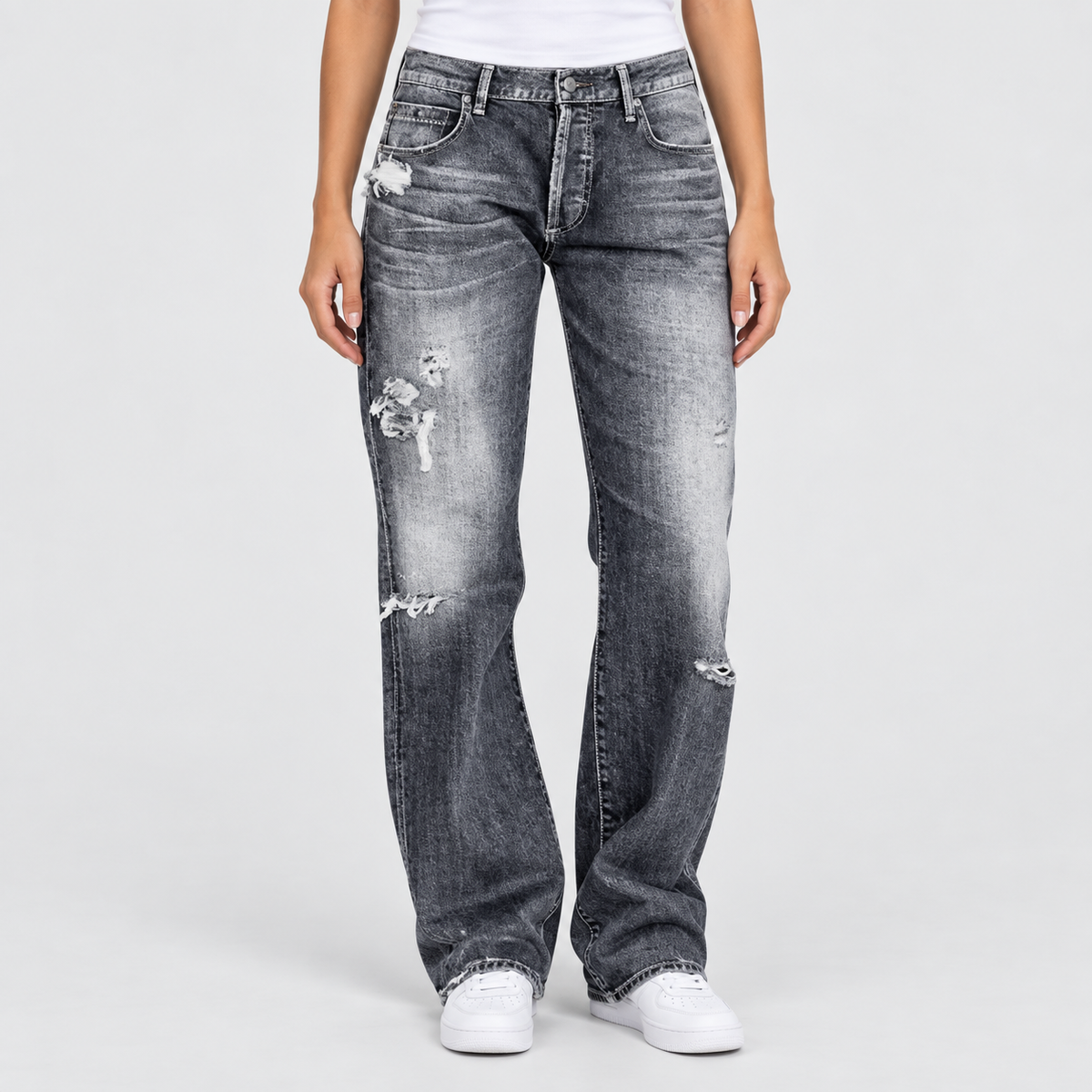 Relaxed Low Rise Distressed Wide Leg Jeans in Grey, worn on a model.