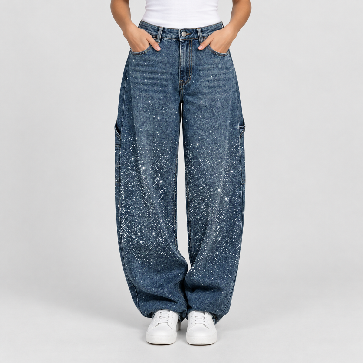Relaxed Embellished Balloon Leg Cargo Jeans, worn on a model.