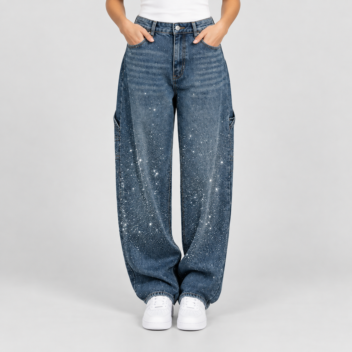 Relaxed Embellished Balloon Leg Cargo Jeans in Dark Blue, worn on a model.