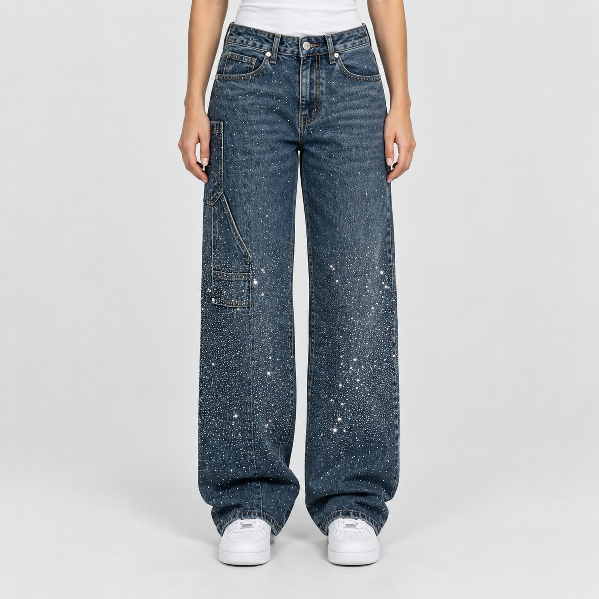 Relaxed Embellished Balloon Leg Cargo Jeans, worn on a model.