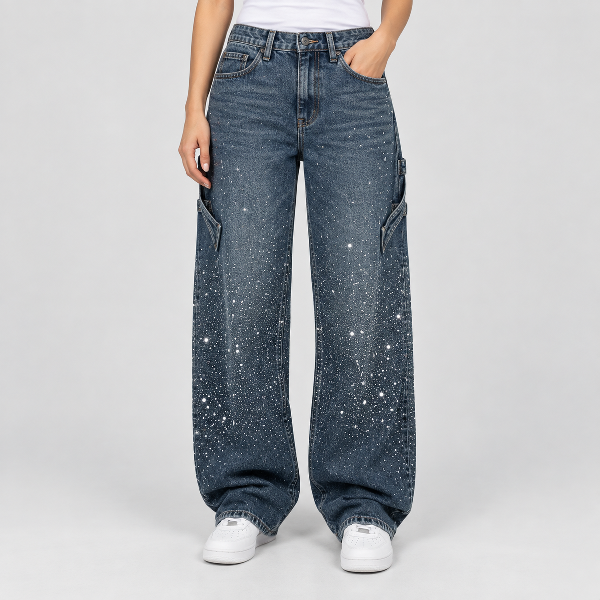 Relaxed Embellished Balloon Leg Cargo Jeans, worn on a model.