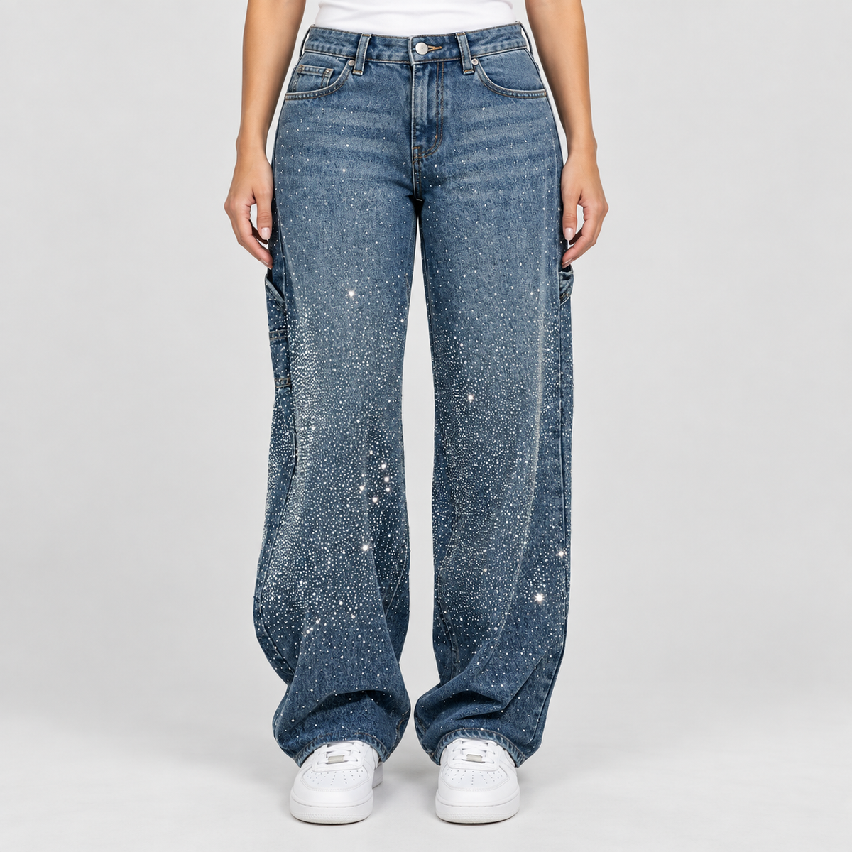 Relaxed Embellished Balloon Leg Cargo Jeans, worn on a model.