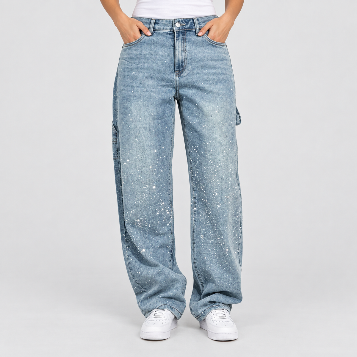 Relaxed Embellished Balloon Leg Cargo Jeans in Light Blue, worn on a model.