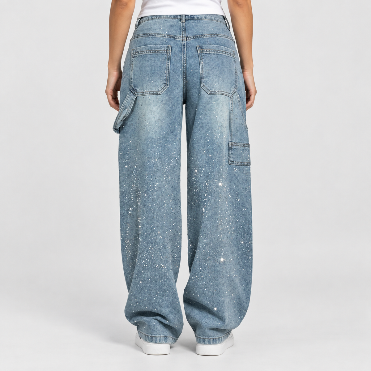 Relaxed Embellished Balloon Leg Cargo Jeans, worn on a model.