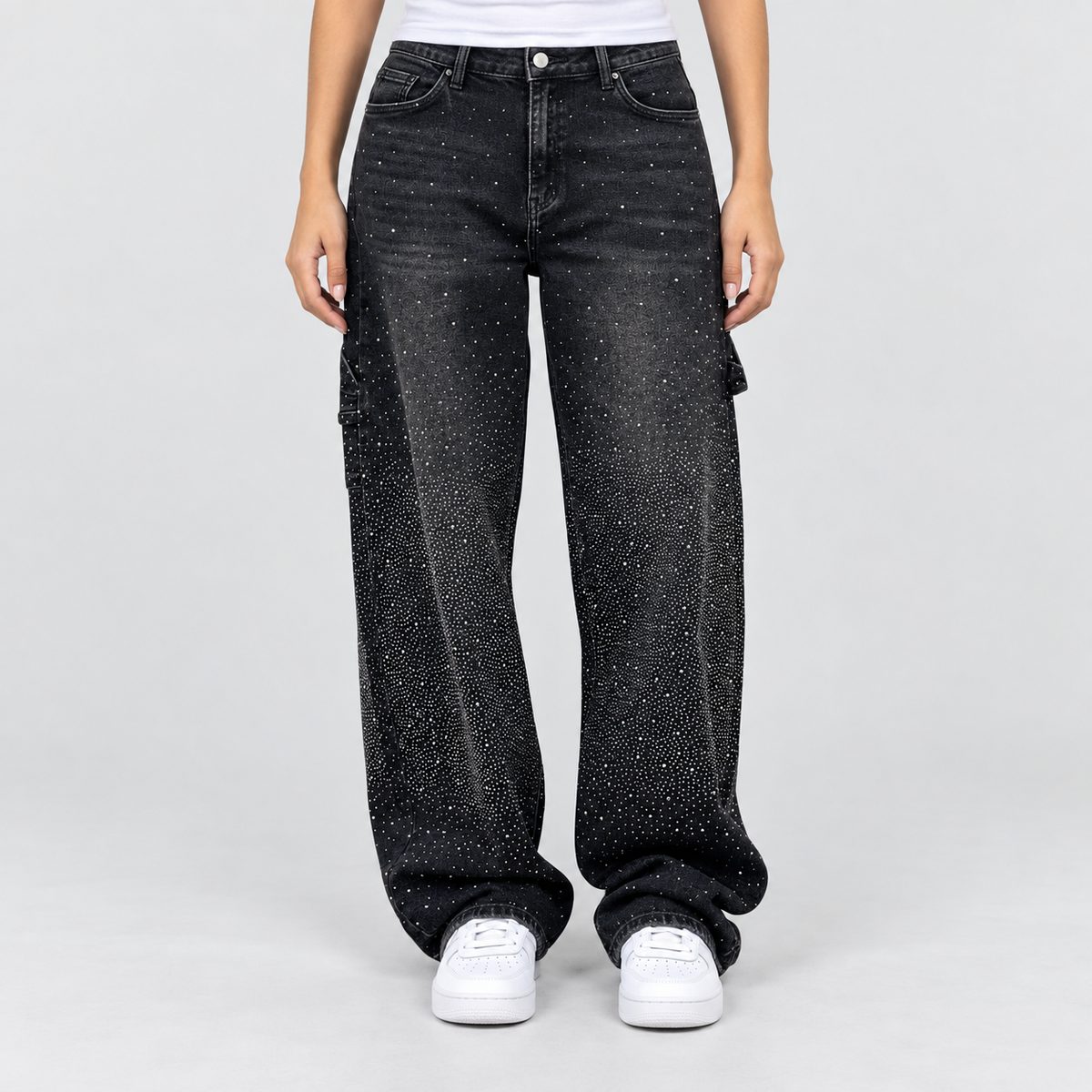 Relaxed Embellished Balloon Leg Cargo Jeans in Black, worn on a model.