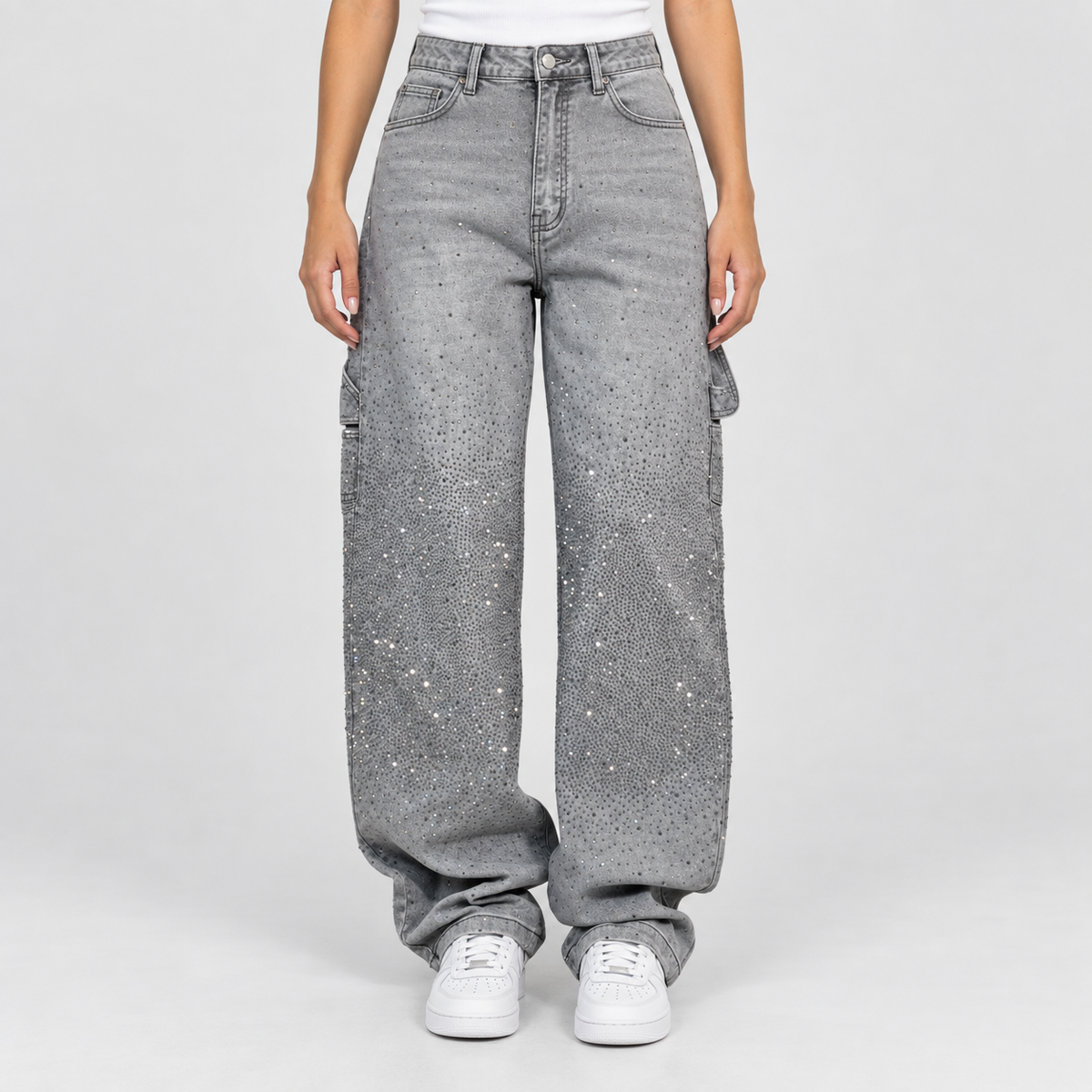 Relaxed Embellished Balloon Leg Cargo Jeans in Grey, worn on a model.