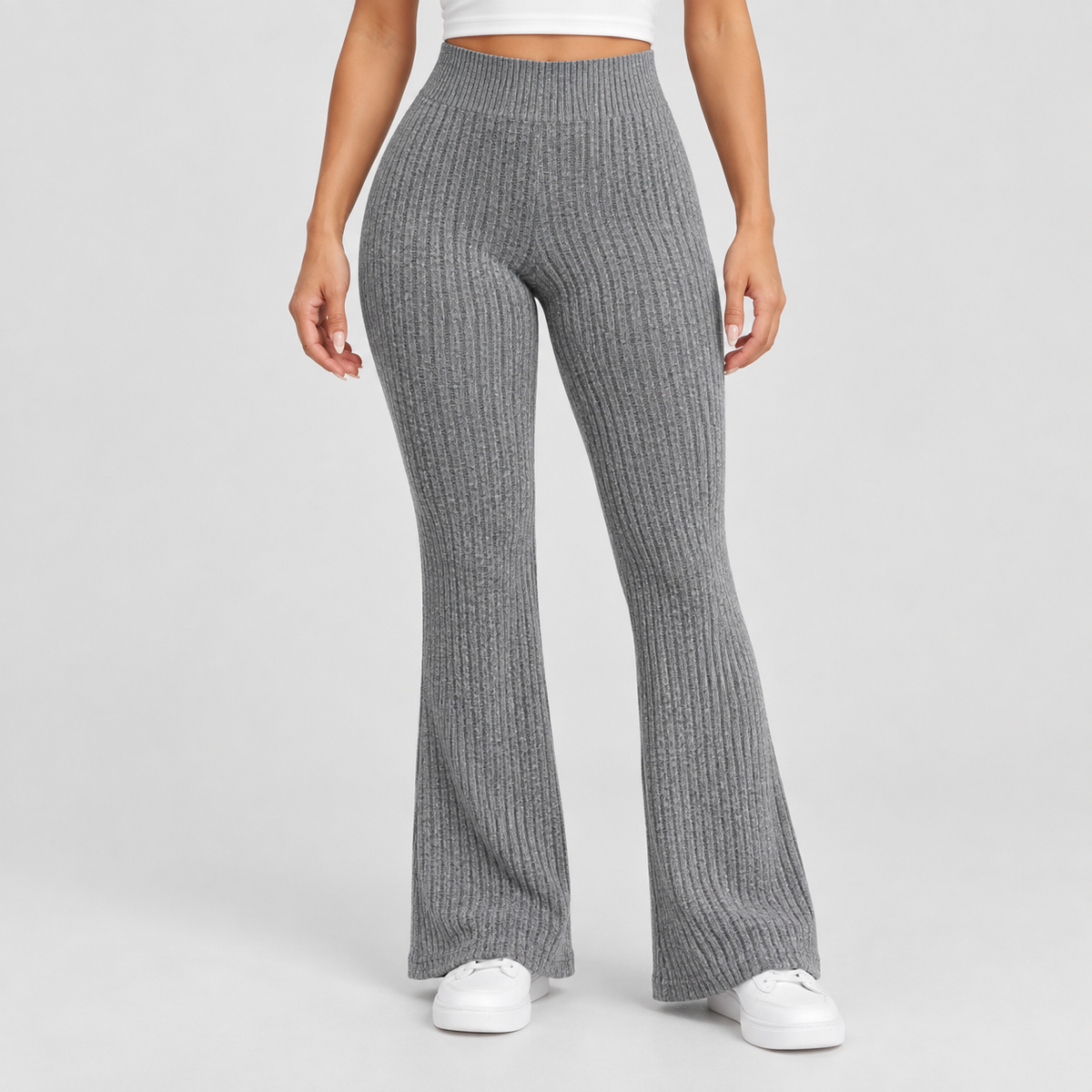 High Waisted Ribbed Knit Flare Yoga Pants in Grey, worn on a model.