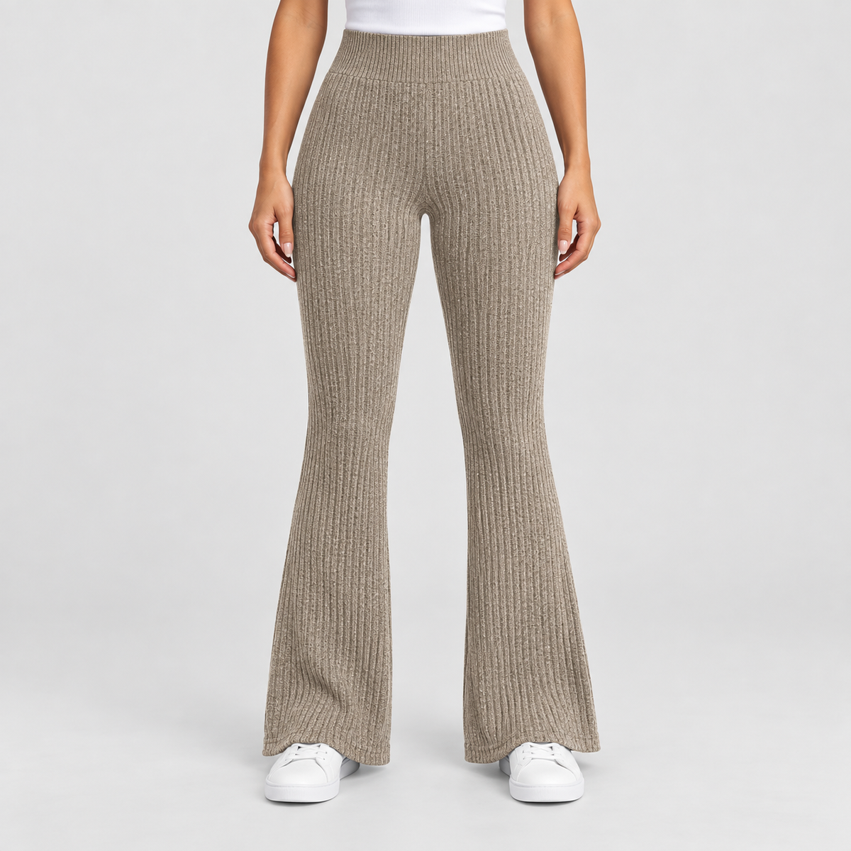 High Waisted Ribbed Knit Flare Yoga Pants in Khaki, worn on a model.