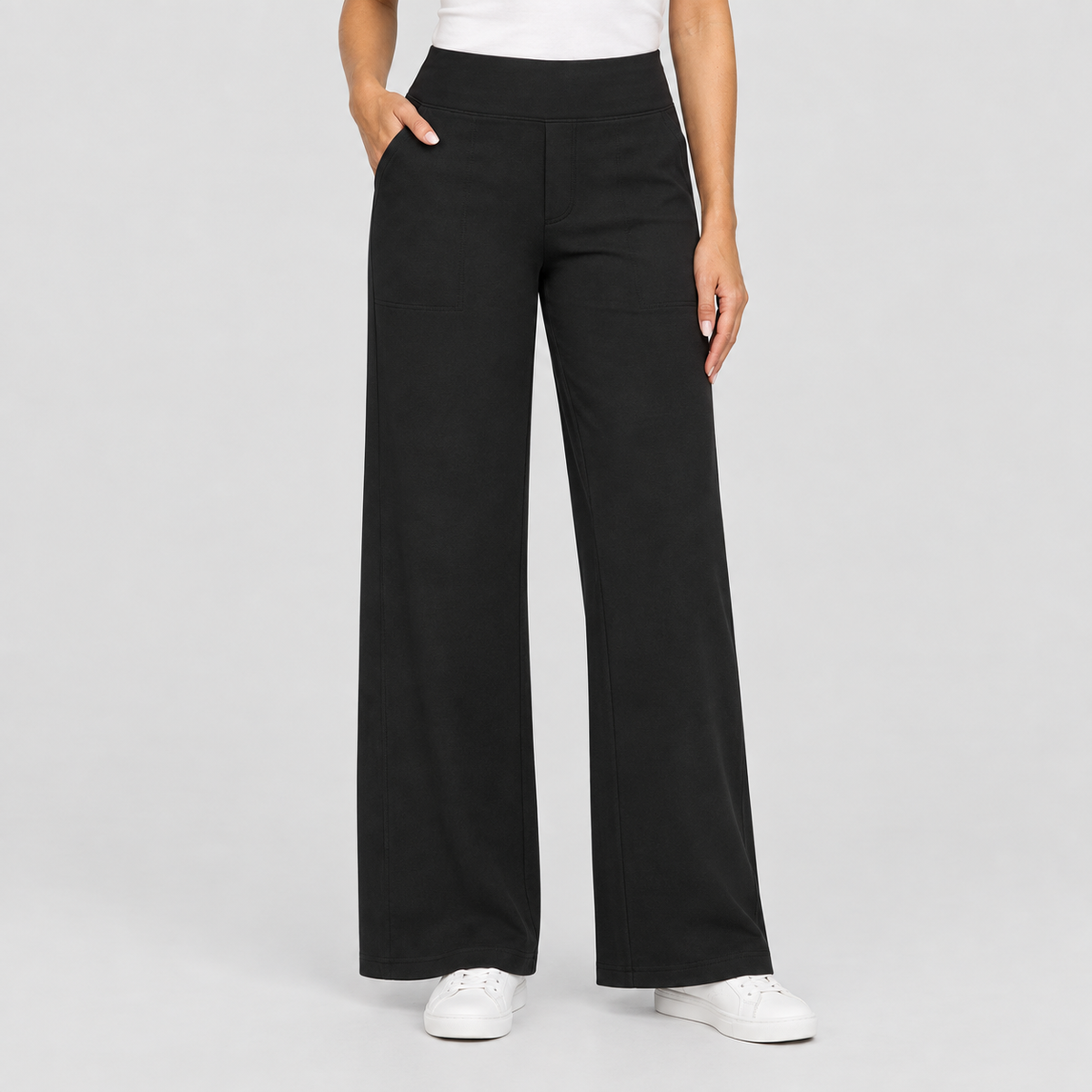High Waisted Wide Leg Pants with Side Pockets, worn on a model.