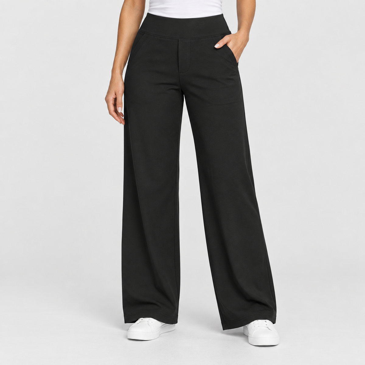 High Waisted Wide Leg Pants with Side Pockets, worn on a model.