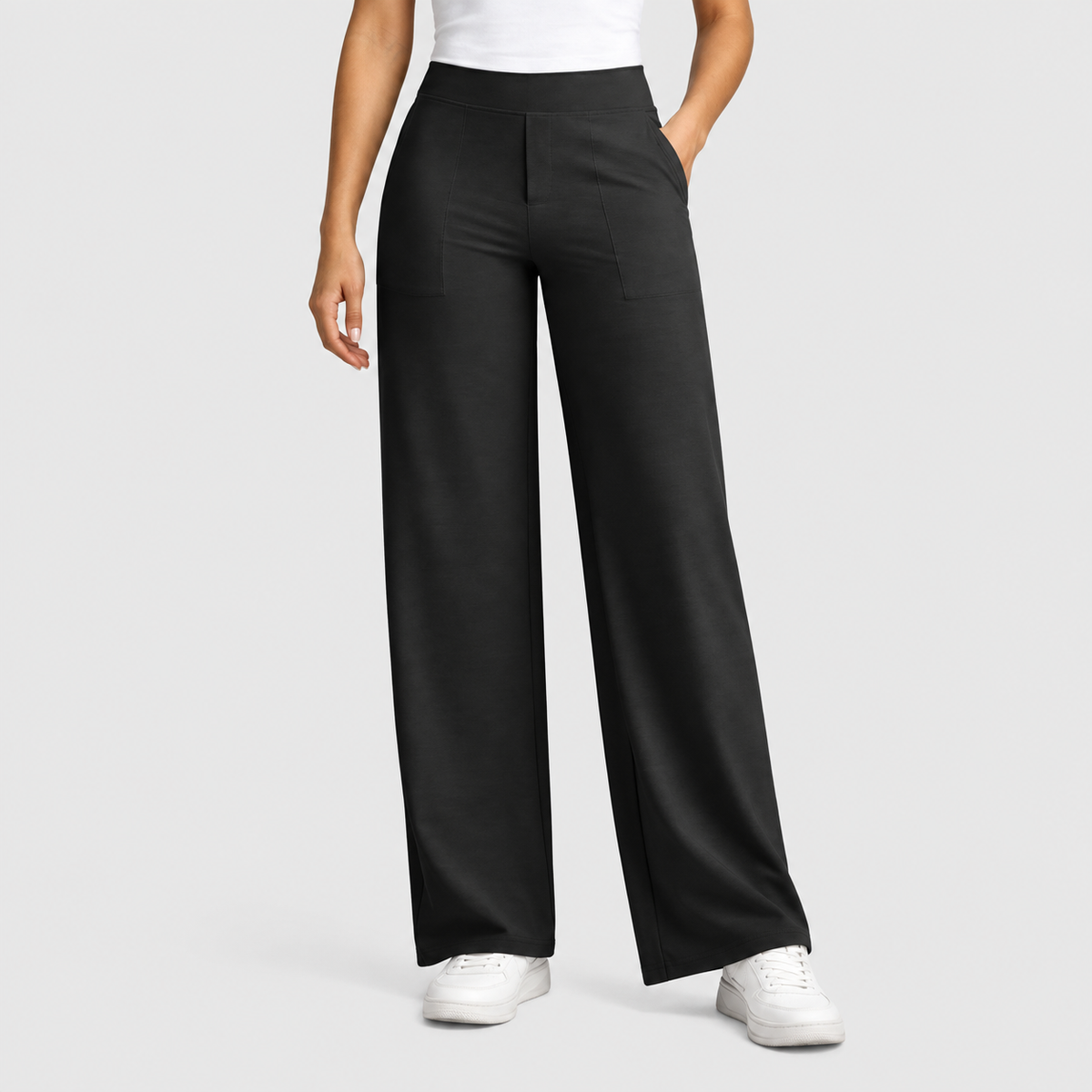 High Waisted Wide Leg Pants with Side Pockets, worn on a model.