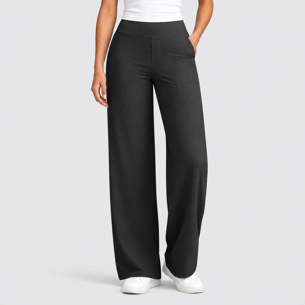 High Waisted Wide Leg Pants with Side Pockets, worn on a model.