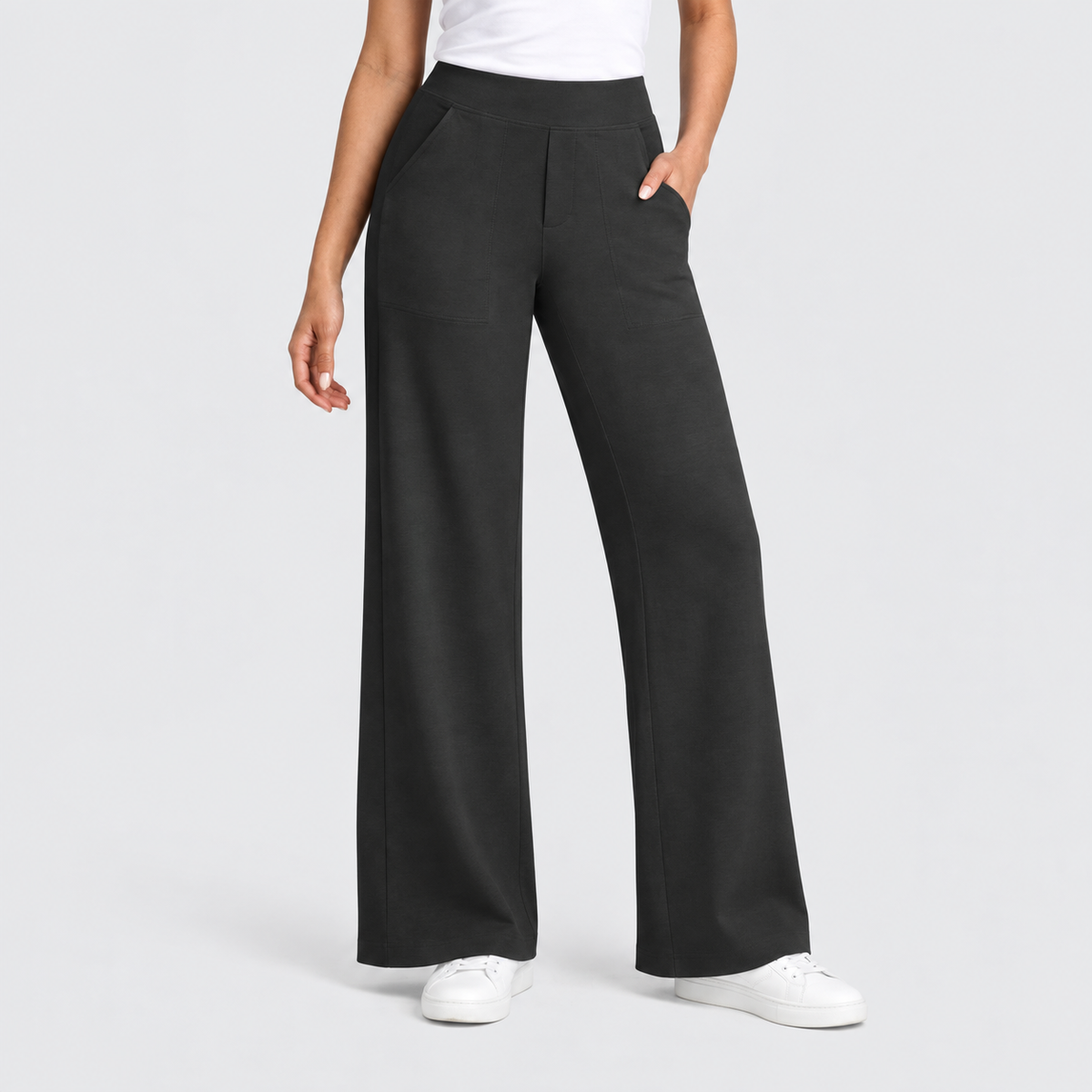 High Waisted Wide Leg Pants with Side Pockets, worn on a model.