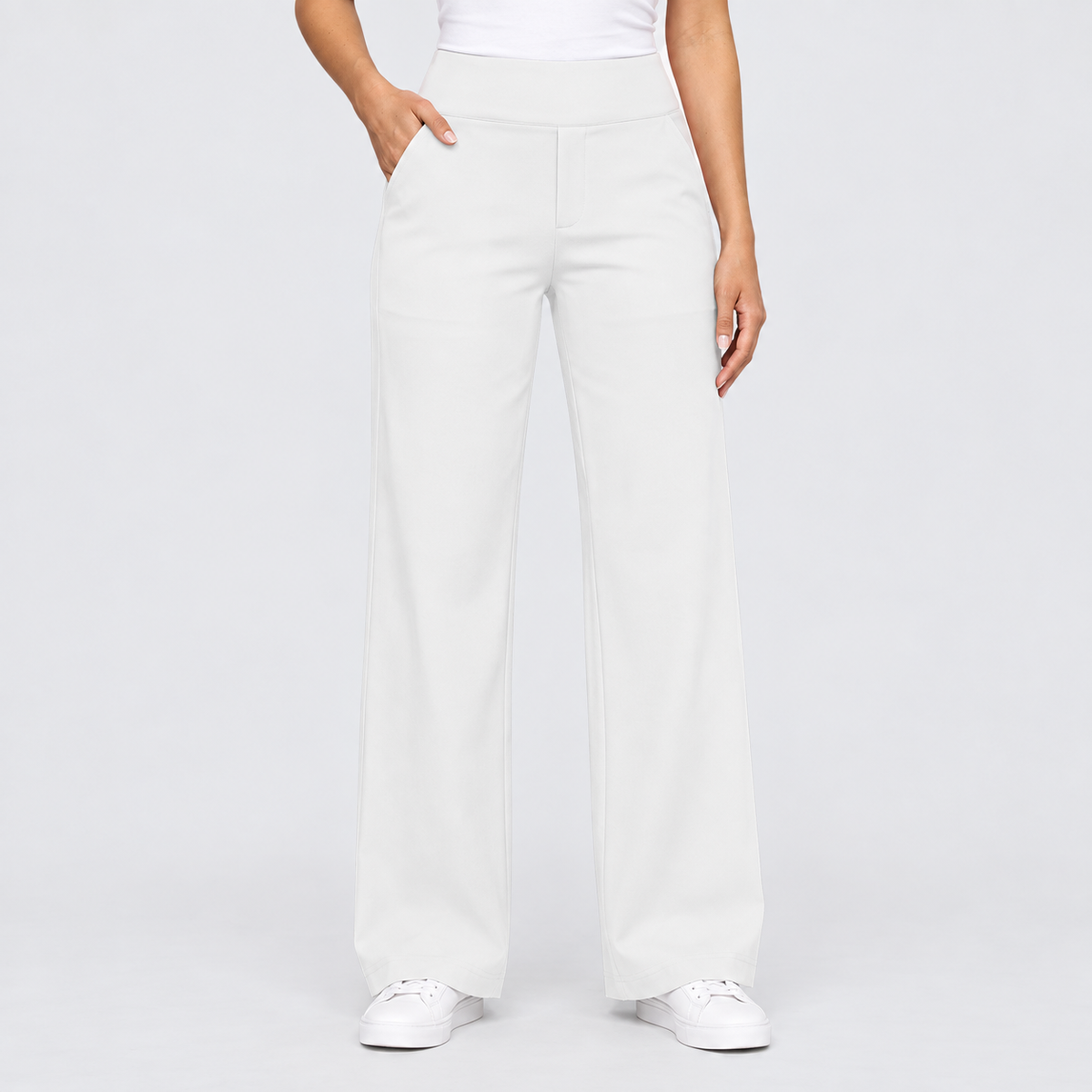 High Waisted Wide Leg Pants with Side Pockets in White, worn on a model.