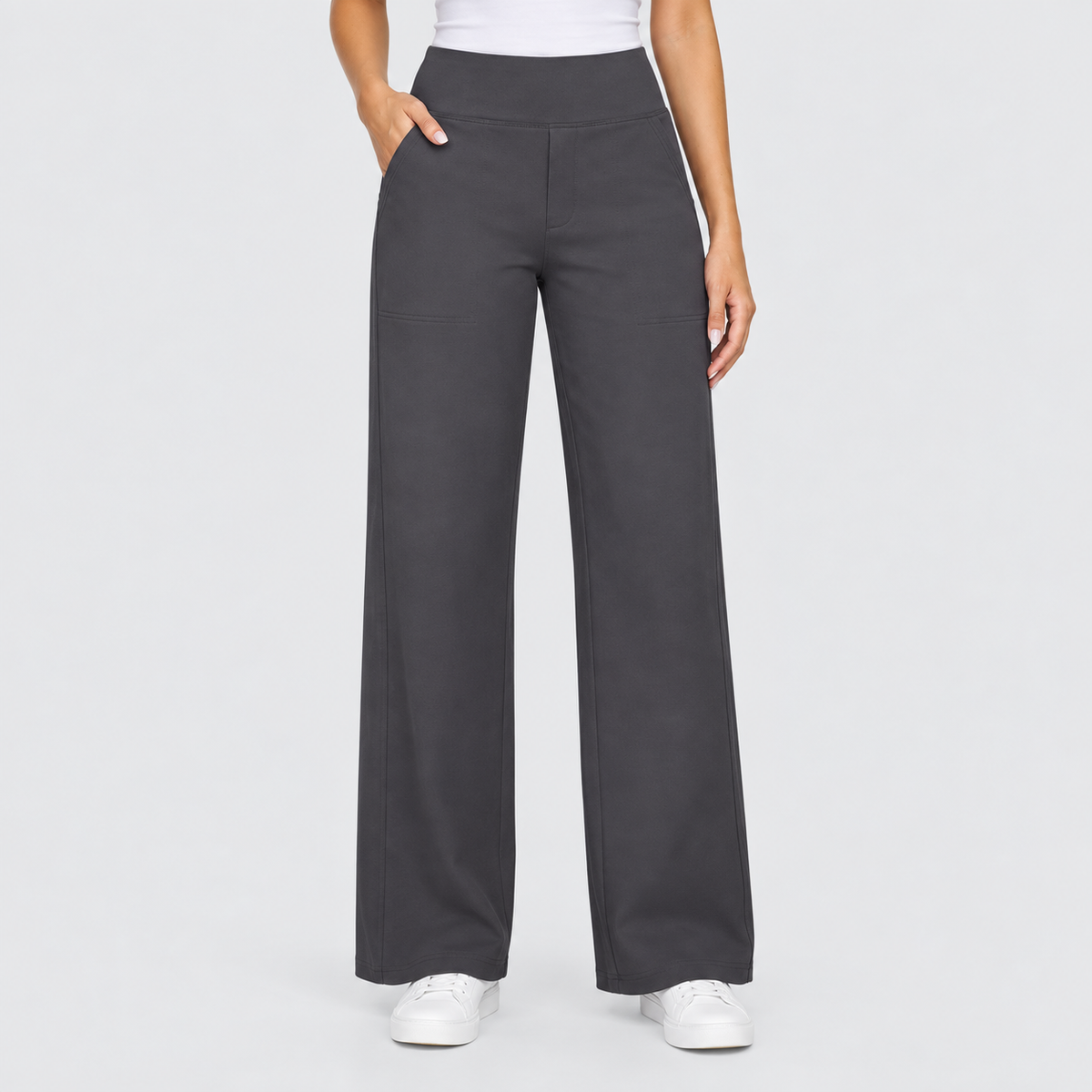 High Waisted Wide Leg Pants with Side Pockets in Dark Grey, worn on a model.