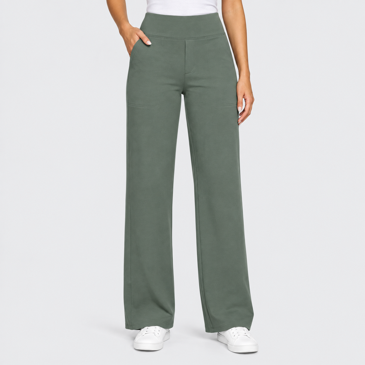 High Waisted Wide Leg Pants with Side Pockets in Grey Sage, worn on a model.