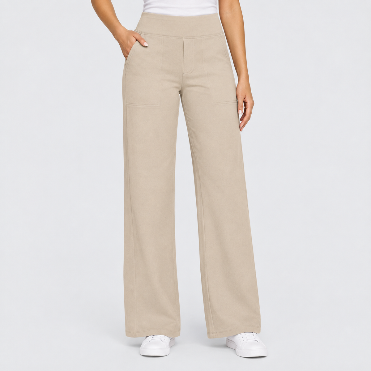 High Waisted Wide Leg Pants with Side Pockets in Khaki, worn on a model.