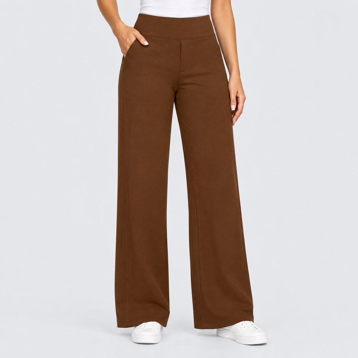 High Waisted Wide Leg Pants with Side Pockets in Dark Coffee, worn on a model.