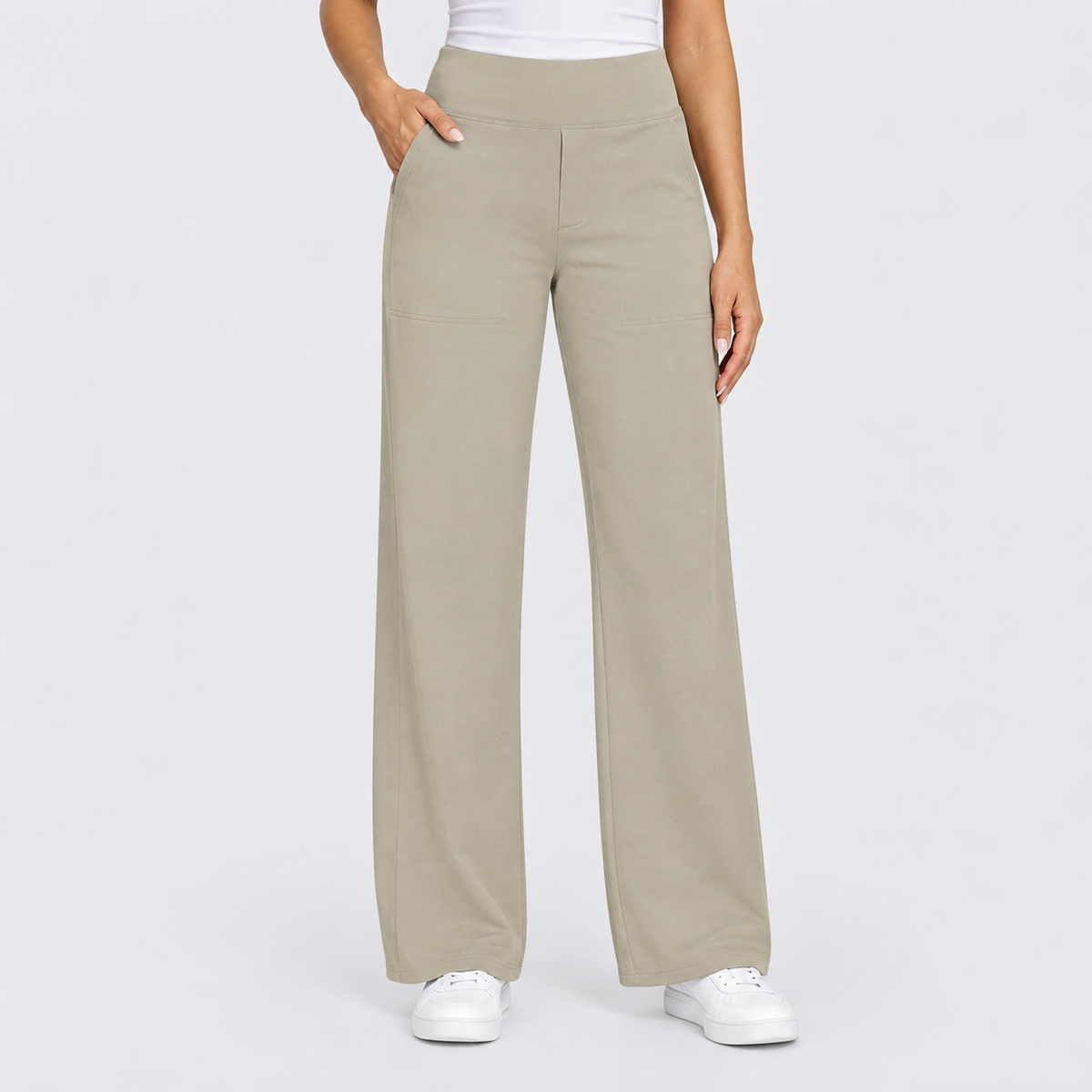 High Waisted Wide Leg Pants with Side Pockets in Mocha, worn on a model.
