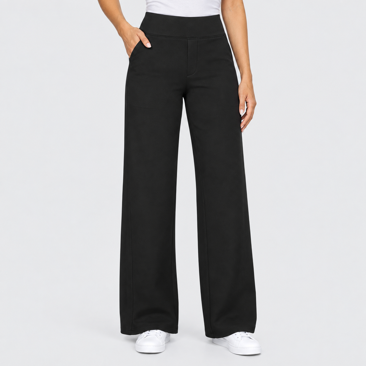 High Waisted Wide Leg Pants with Side Pockets in Black, worn on a model.