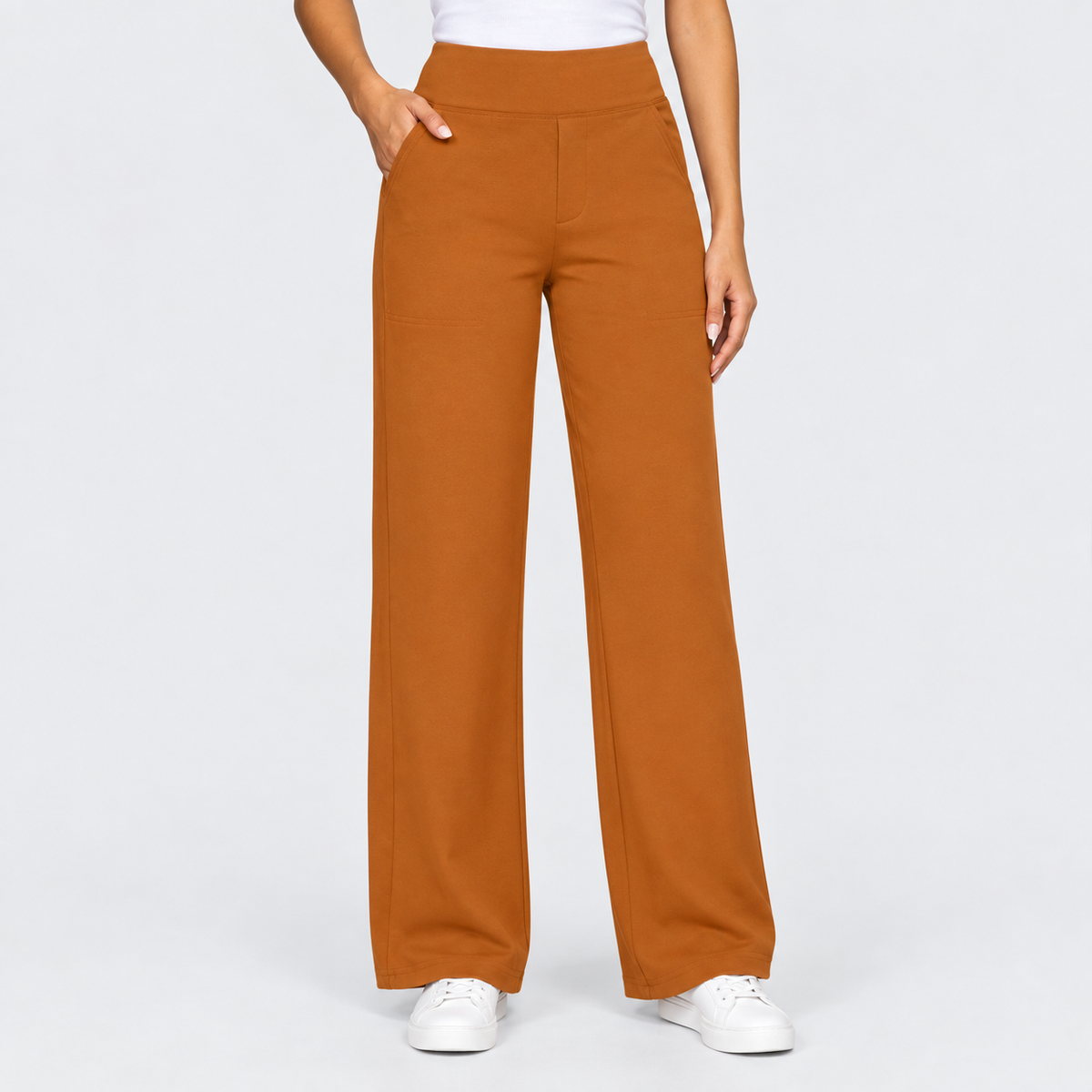 High Waisted Wide Leg Pants with Side Pockets in Brown Sugar, worn on a model.