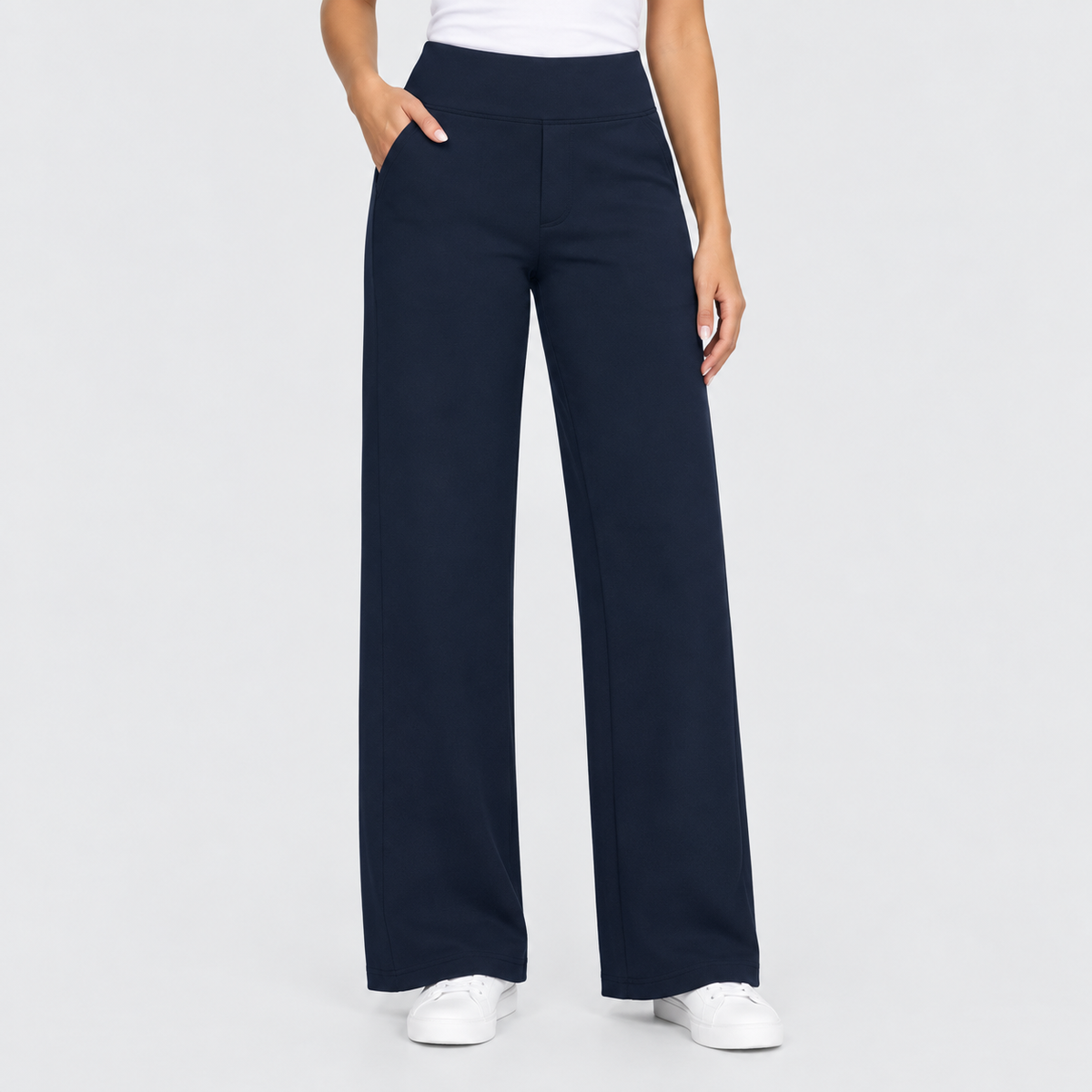 High Waisted Wide Leg Pants with Side Pockets in Dark Navy, worn on a model.