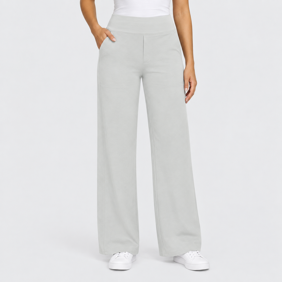 High Waisted Wide Leg Pants with Side Pockets in Light Grey, worn on a model.