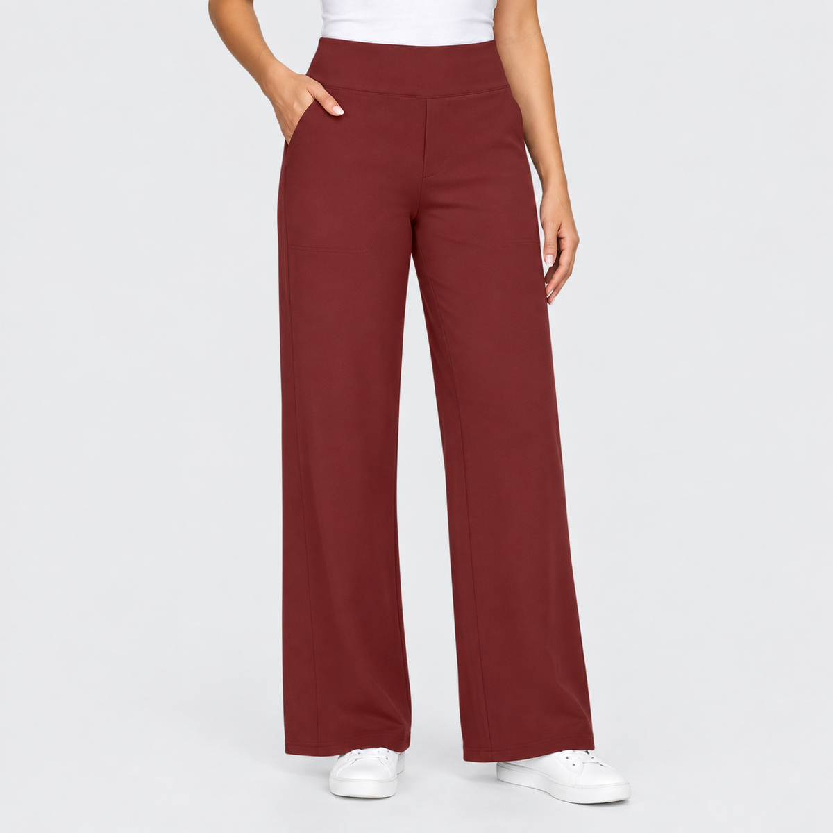 High Waisted Wide Leg Pants with Side Pockets in Dark Burgundy, worn on a model.