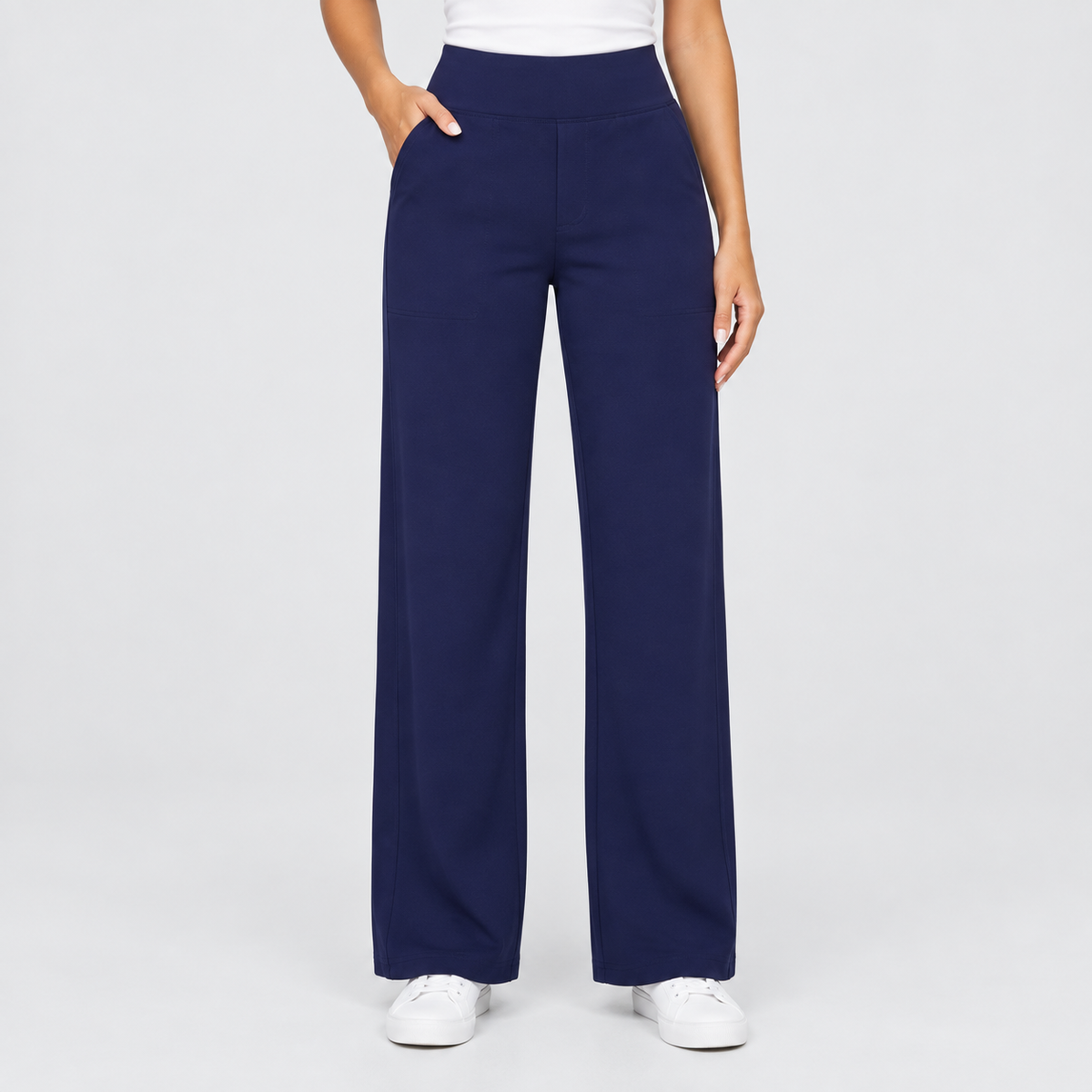 High Waisted Wide Leg Pants with Side Pockets in Royal Blue, worn on a model.
