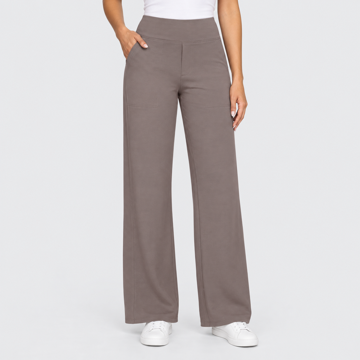 High Waisted Wide Leg Pants with Side Pockets in Taupe, worn on a model.