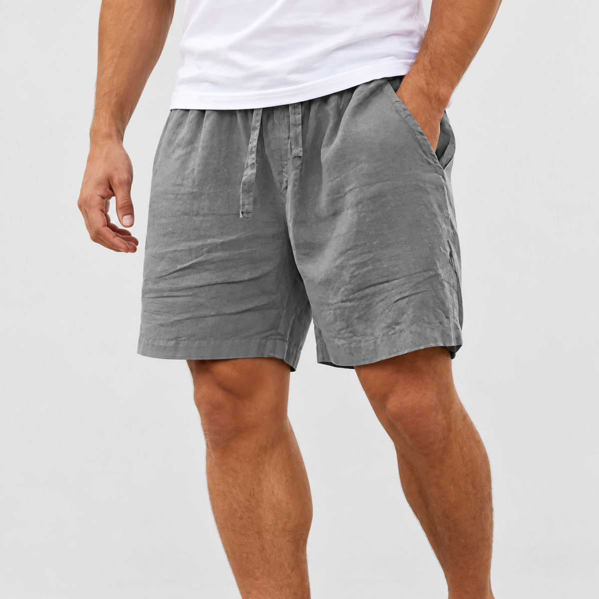 Relaxed Fit Drawstring Shorts in Grey, worn on a model.