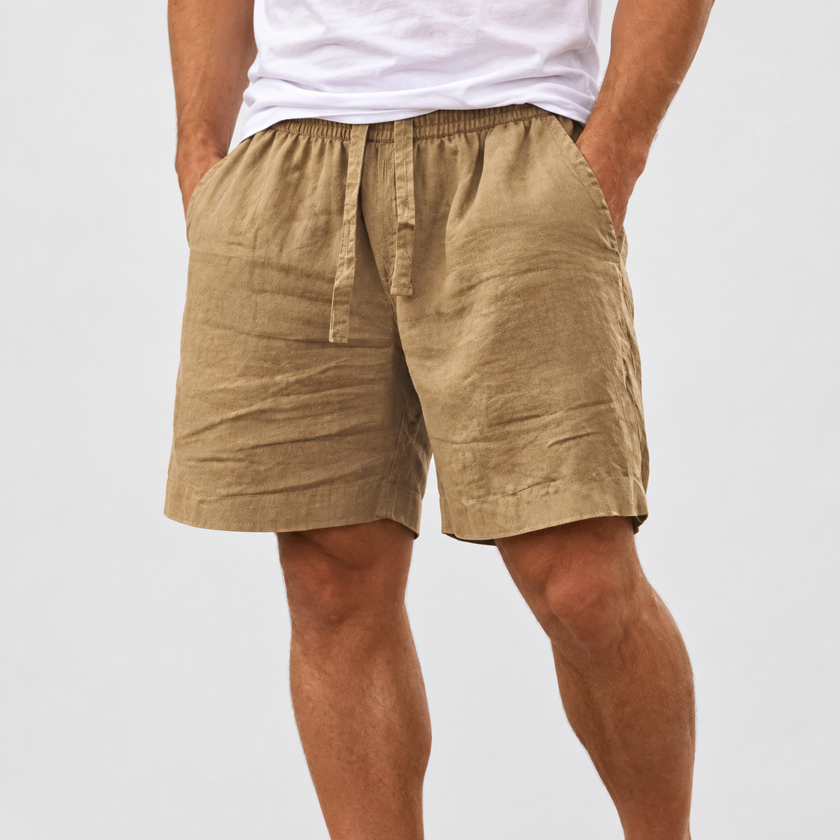 Relaxed Fit Drawstring Shorts in Khaki, worn on a model.