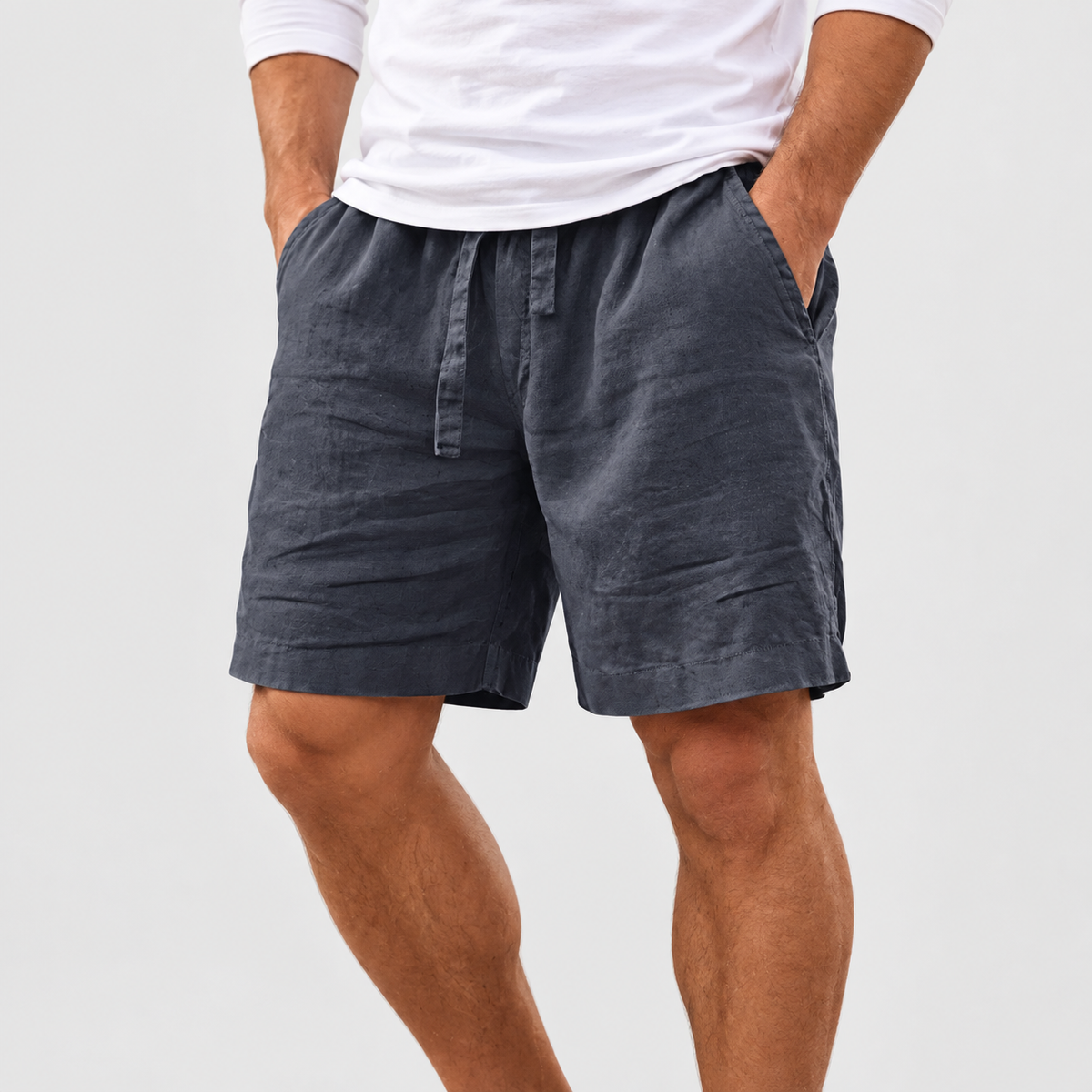 Relaxed Fit Drawstring Shorts in Dark Grey, worn on a model.