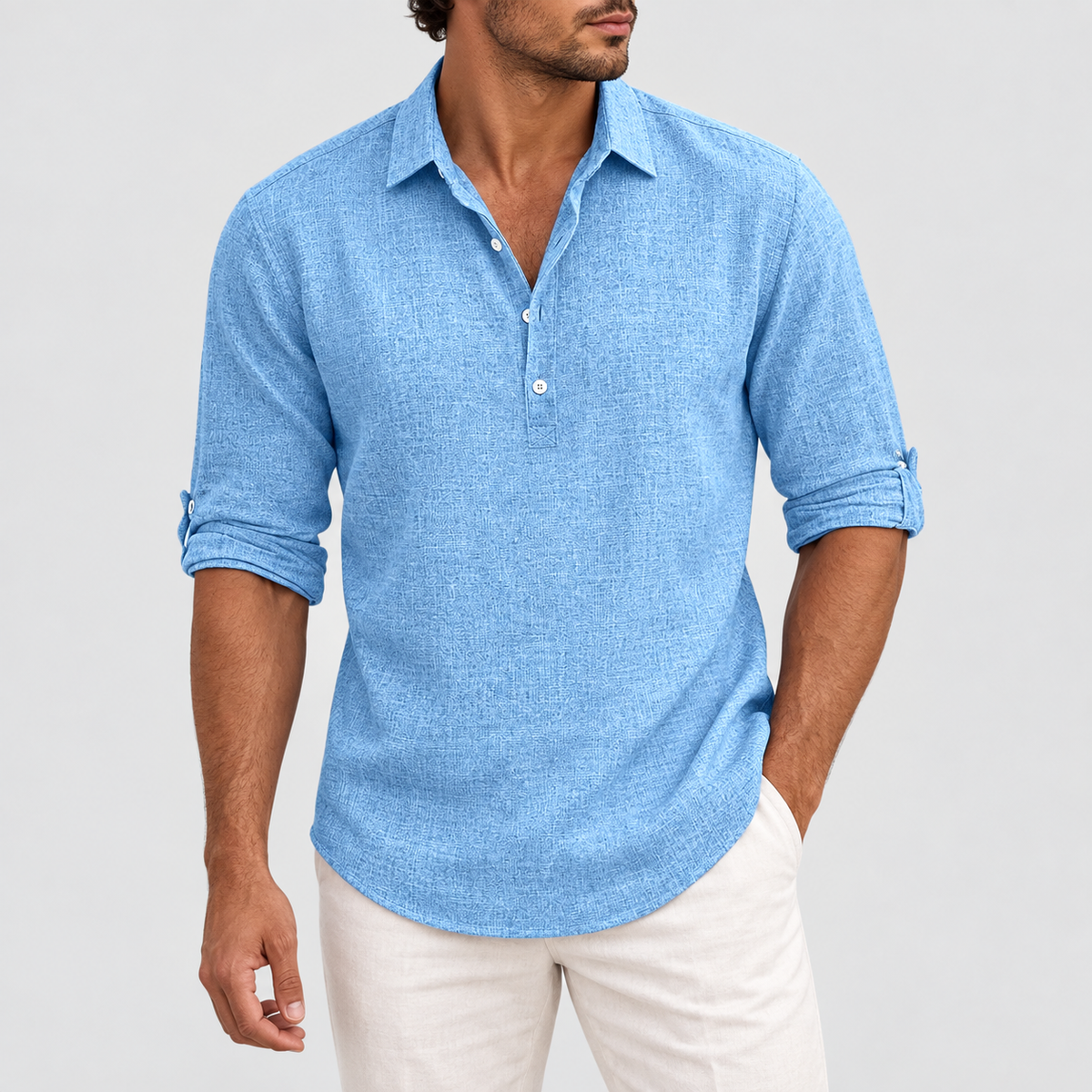 Long Sleeve Collared Popover Shirt in Blue, worn on a model.