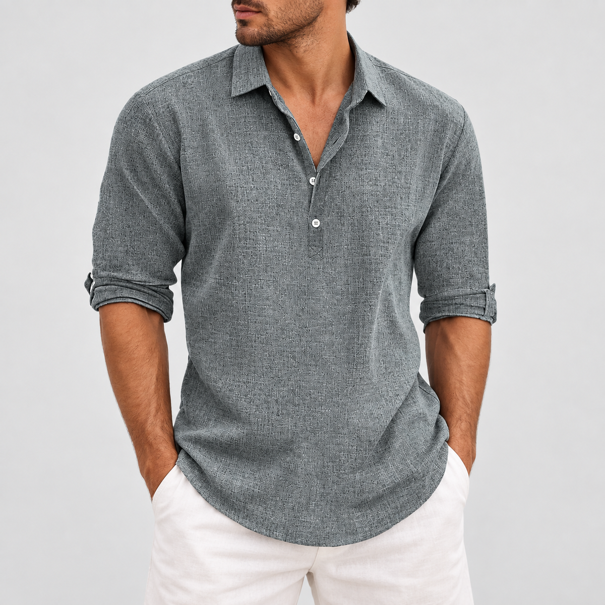 Long Sleeve Collared Popover Shirt in Grey, worn on a model.