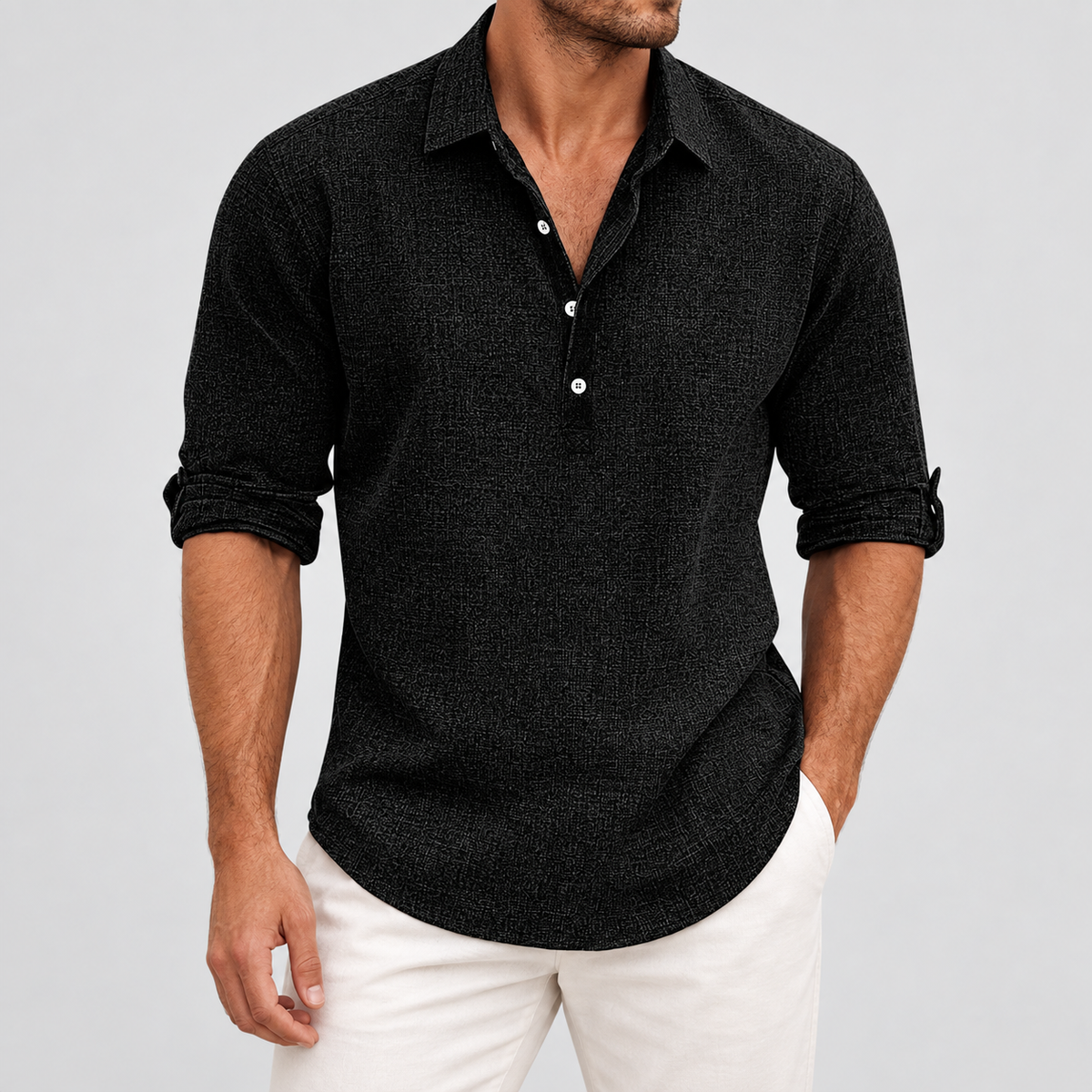 Long Sleeve Collared Popover Shirt in Black, worn on a model.