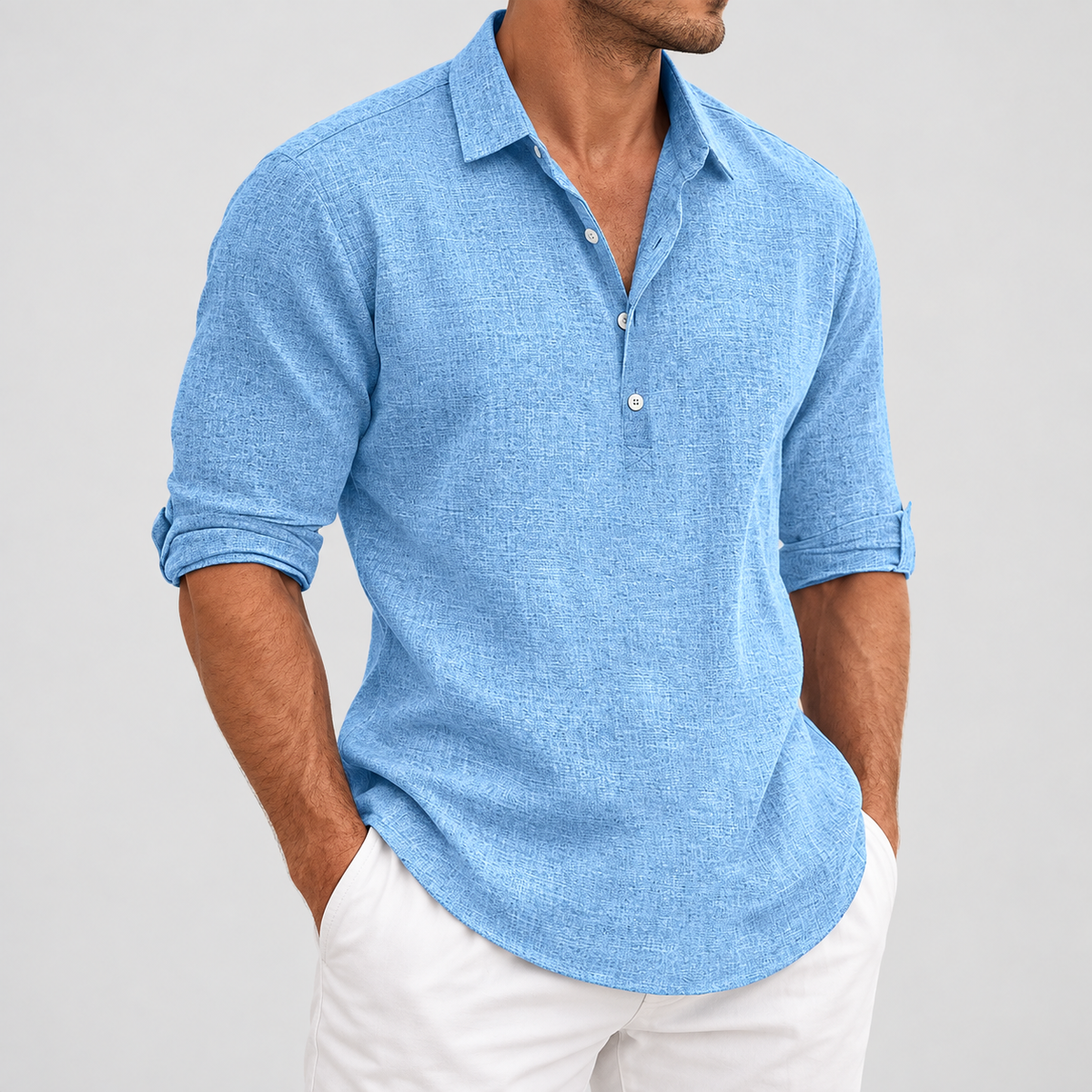 Long Sleeve Collared Popover Shirt, worn on a model.