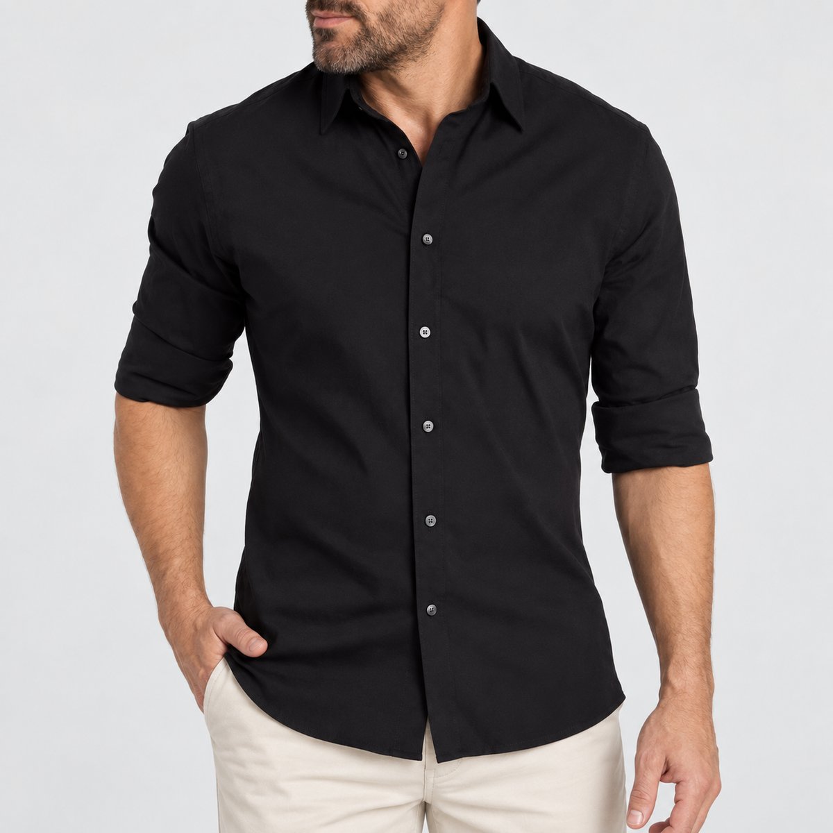 Slim Fit Long Sleeve Button Up Shirt in Black, worn on a model.